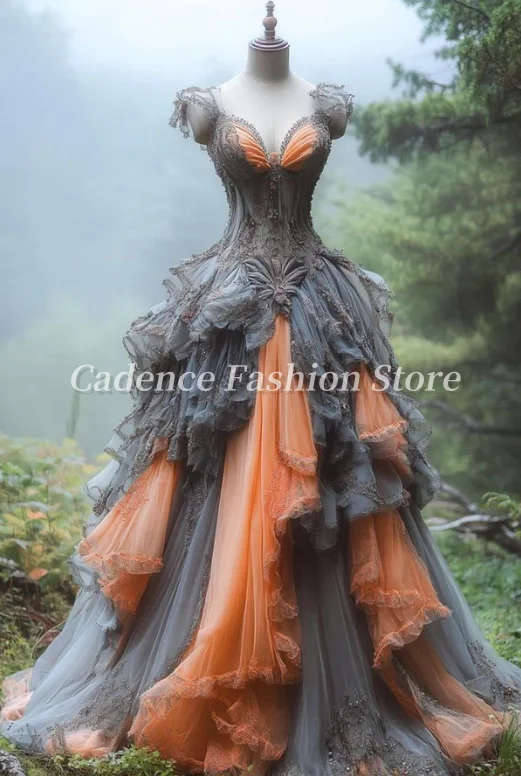 

Customized Vintage Orange and Gray A-line V Neck Lace Tulle Long Prom Dresses 2025 Corset Evening Gowns