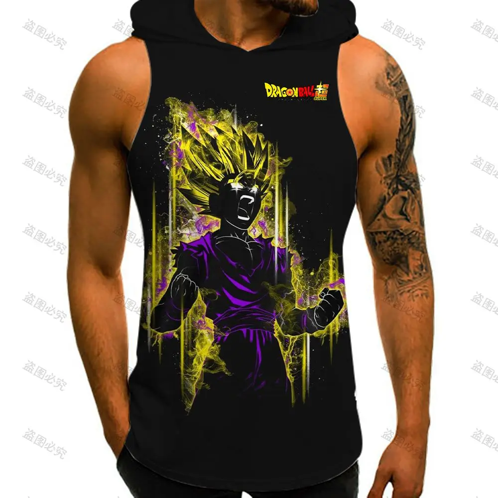 Dragon Ball Z Men's T-shirts Vest With Hood Clothing Anime Bodybuilding Super Saiya Y2k Clothes Hip Hop Goku Harajuku Style Gym