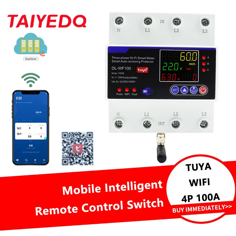 

4P 100A Tuya WiFi трехфазный Smart Life с автоматическим закрыванием защиты от пониженного напряжения умный счетчик таймер автоматический выключатель