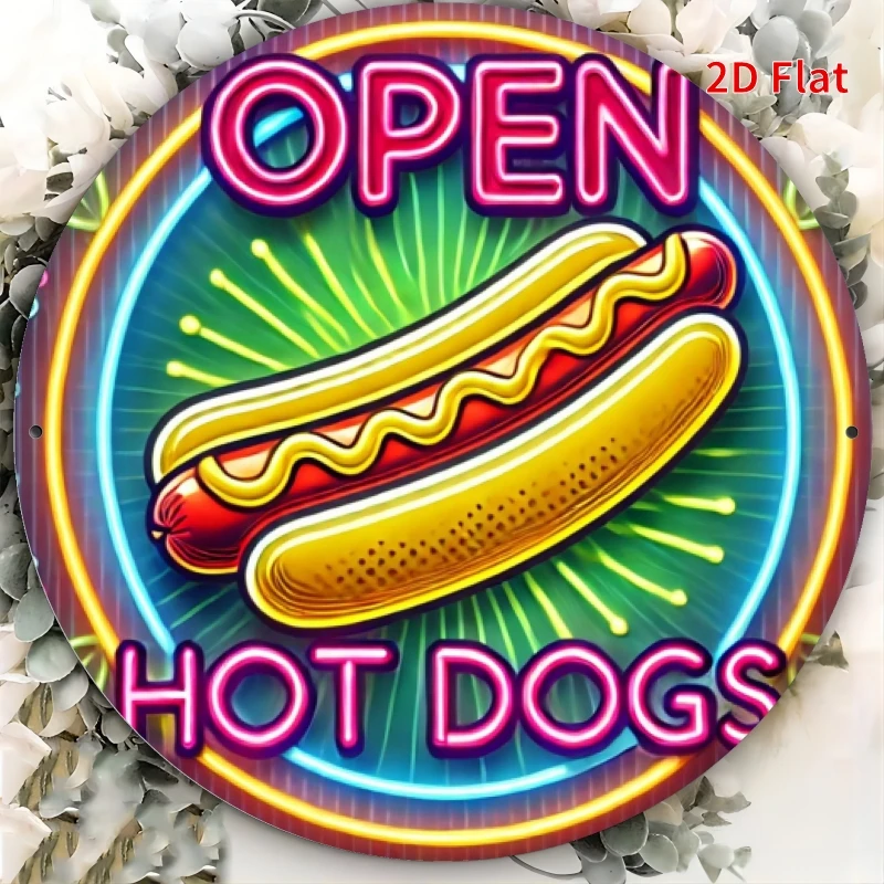 2D Metallschild, Neon-Hot-Dog-Schild 'Open Hot Dogs' zur Wanddekoration, Metallkunst für Zuhause, Bar, Garage, Café