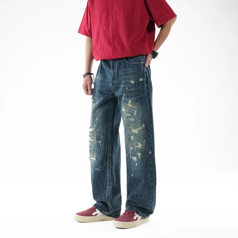 Men's Hip Hop Distressed Wide Leg Jeans Paint Splatter Baggy Loose Straight Retro Blue Patched Denim Pants No Accessories