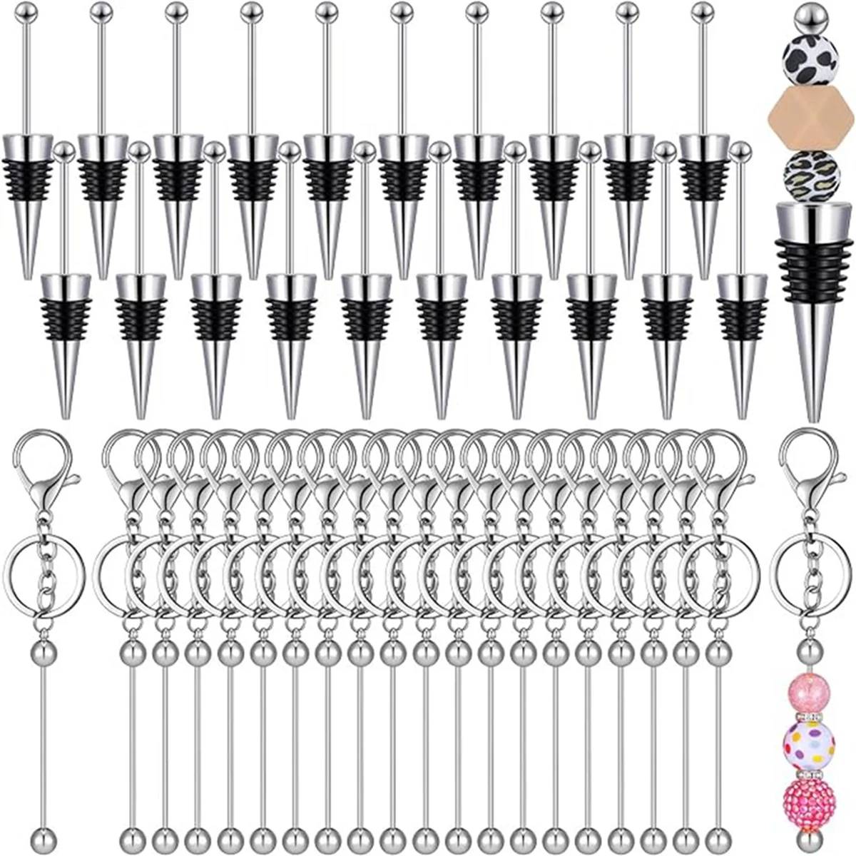 

20 Sets of Beaded Key Chains Blank Beaded Wine Bottle Stoppers, Beaded Wine Stoppers Metal DIY Keychain Making Kit