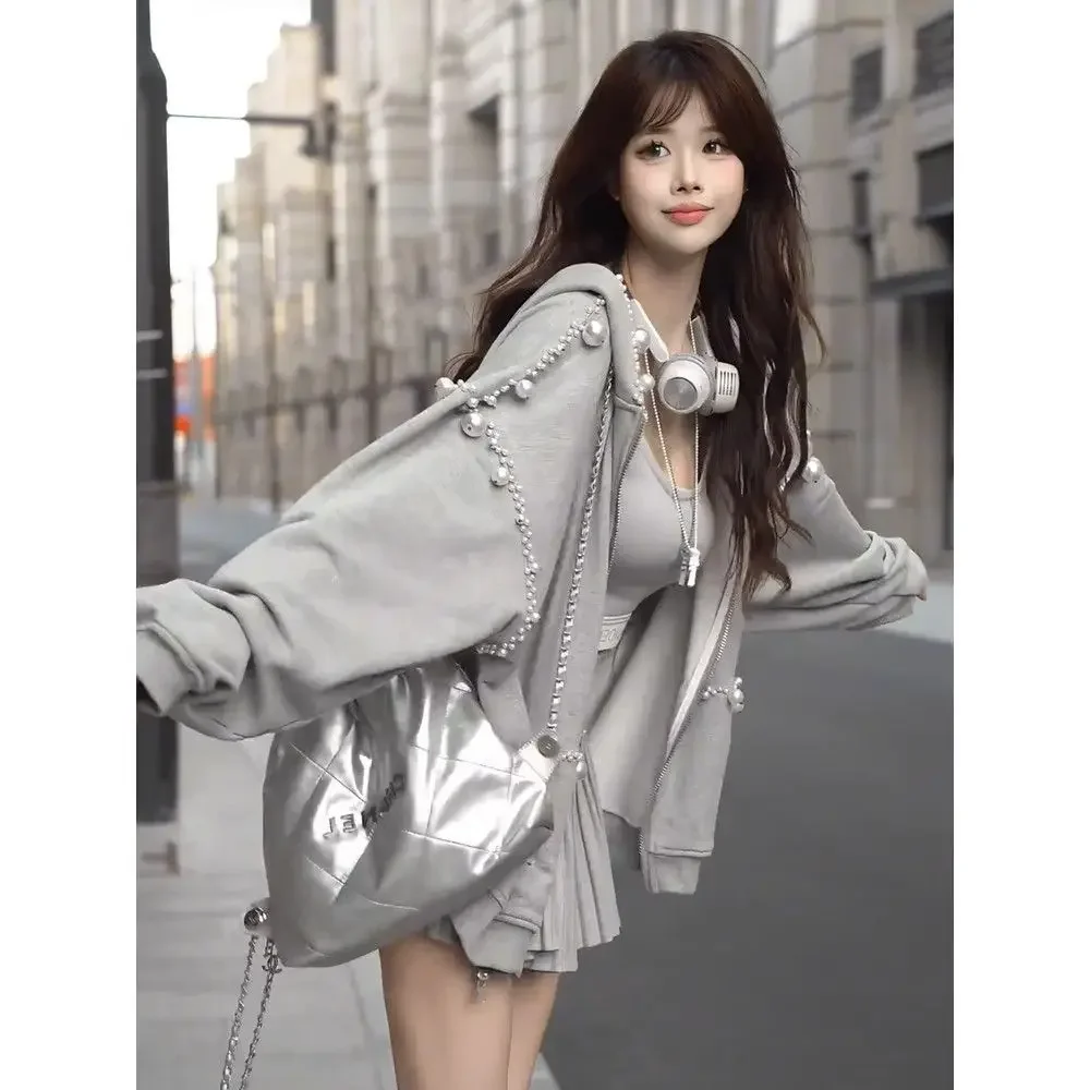 Grey Zip Up Sweatshirt Pearl Hooded Jacket Women Autumn Streetwear New Loose Design Casual Tops Harajuku Kawaii Sweatshirt