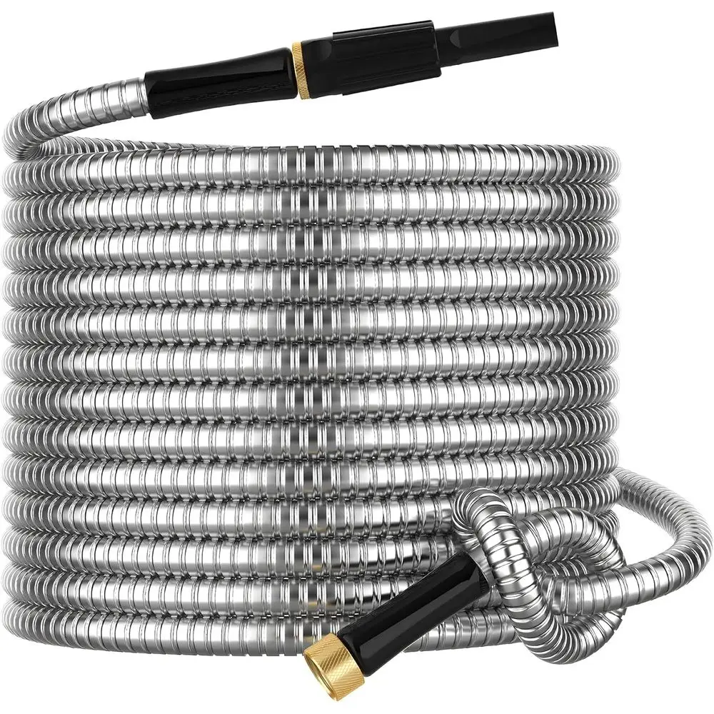 Non-Expandable Metal Garden Hose 30 ft with Sprayer Nozzle, Flexible, No Kinking, Lightweight & Heavy Duty Water Pipe, Stainless