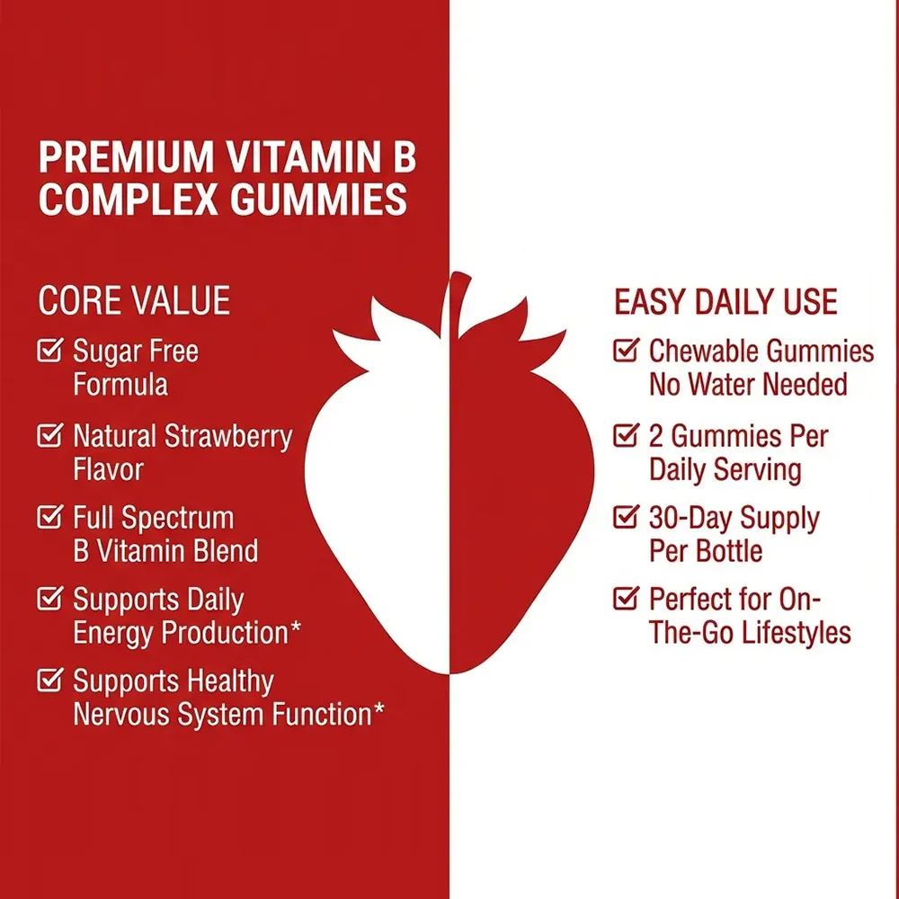 Vitamin B Complex Gummies, Vitamin B12, B7 (Biotin), B6, B3 (Niacin), B6, B9 (Folate) - Hair Skin Nails, Energy, Strawberry view 6