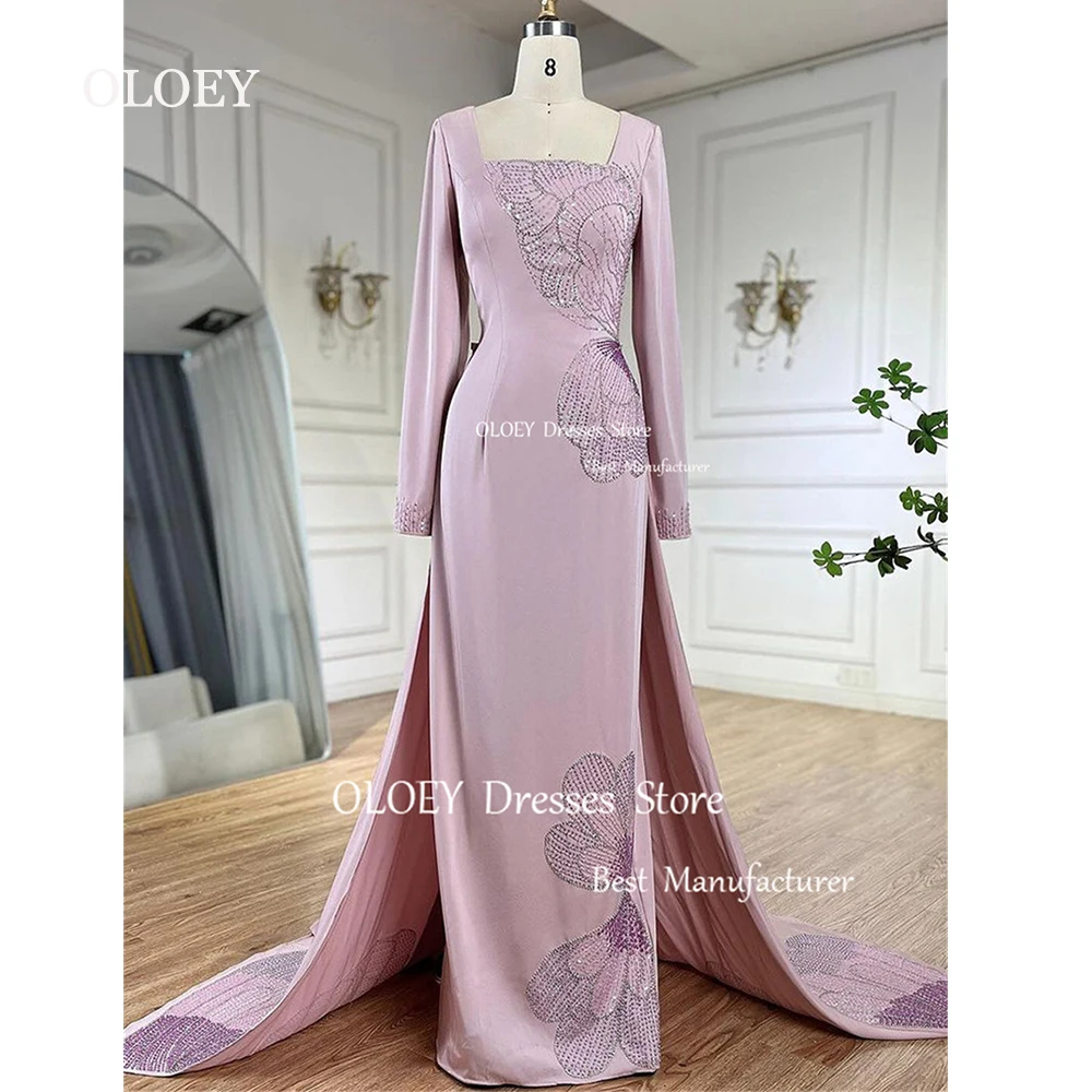 

OLOEY Modest Square Collar Long Sleeves Pink Straight Evening Dress Arabic Floral Beads Back Slit Women Wedding Party Dress