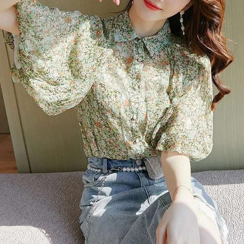 Women\'s Top Loose Elegant Puff Sleeve Floral Printed Blouse Summer Korean All-match Turn-down Collar Shirt Female Clothing