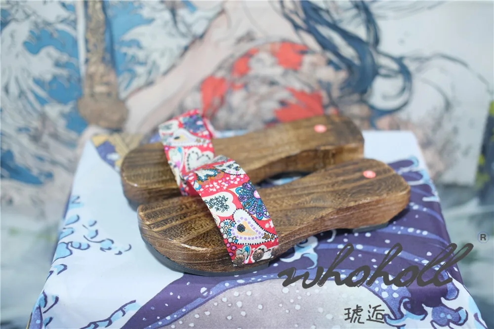 Japanische Holzclogs Damen Flip Flops Cosplay Hausschuhe Flacher Boden Sommer Kimono Sandalen Print Slipper – Detail 13