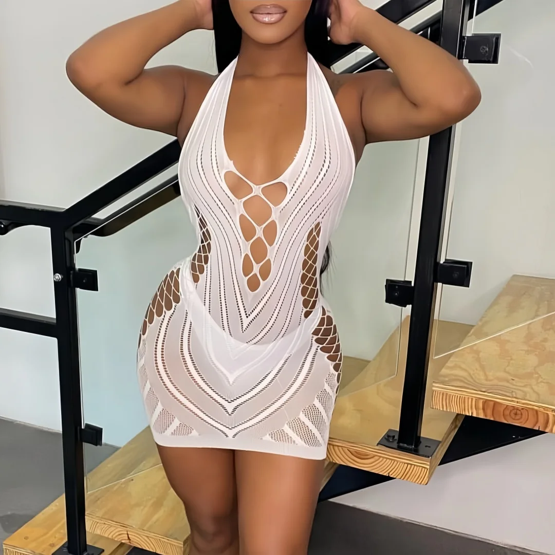 Transparent Lace Short Dress Backless Hollow Halter Nightgown Sexy Women's Pajamas Nightwear Nightdress Party Club Mini Dresses