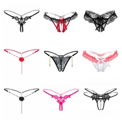 Plus Size Pearl Massage Underwear Sexy Thong Women Lingerie Low-rise Lace Panties Transparent G-string Female Underwear Tangas