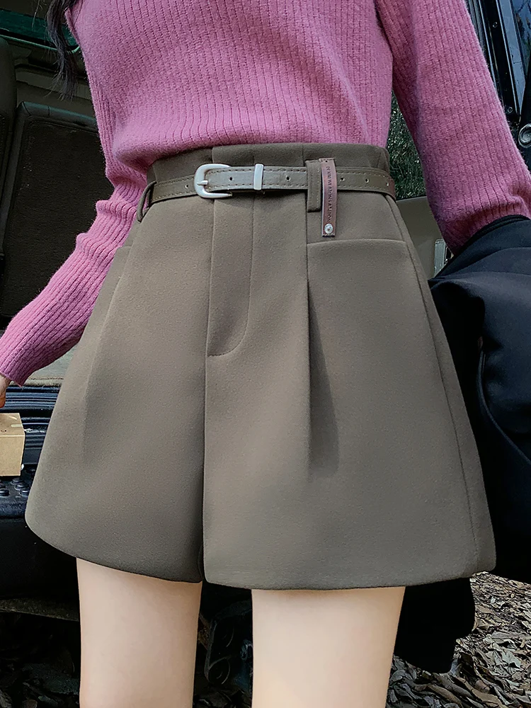 QOERLIN Fall Winter Women Boot Shorts with Belt Elegant Office Ladies Shorts Wide Leg A-Line Black Coffee 2024 Korean Fashion