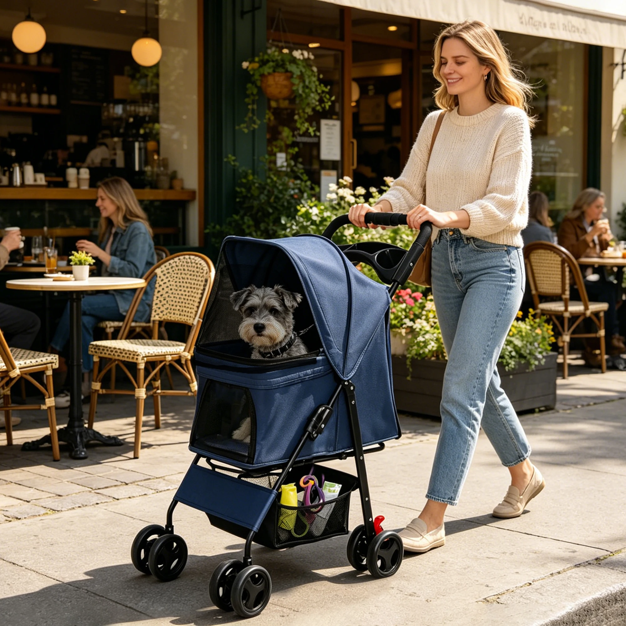 [US Stock] Foldable Pet Stroller for Small Dogs Cats, 28lbs Capacity, One-Click Fold Travel Carrier with Tray & Basket, Blue