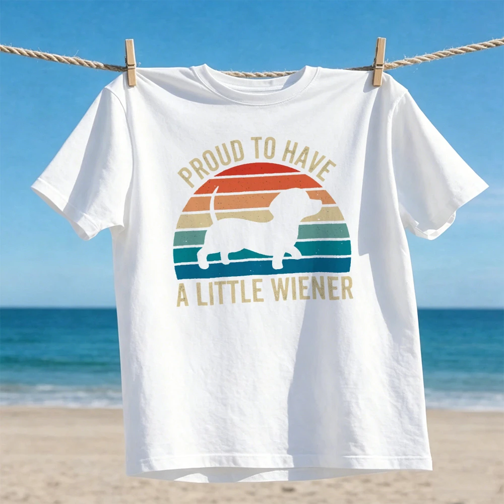 Vintage Retro Sunset Little Wiener Silhouette T Shirt Women Classic Distressed Graphic Top for Beach Surfing Trip Tees