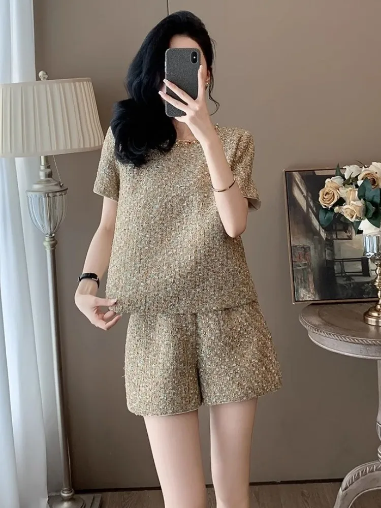 Moda feminina elegante manga curta tweed camiseta shorts de cintura alta conjunto de duas peças novo verão casual escritório senhora conjuntos de correspondência