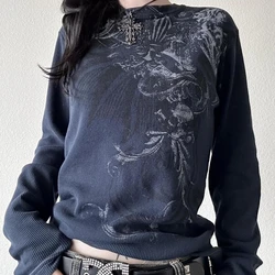 Y2K Grunge Cyber Mall Goth Thermal T-shirt Skulls Graphic Print Long Sleeve Pullovers Tops Women 90s Vintage Aesthetic Tees