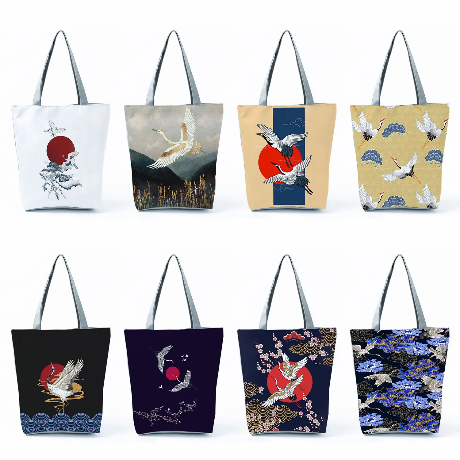 

Japanese Style Ukiyoe Print Handbags Portable Shopping Bag New Red Crowned Crane Tote Bags For Women High Capacity Shoulder Bags