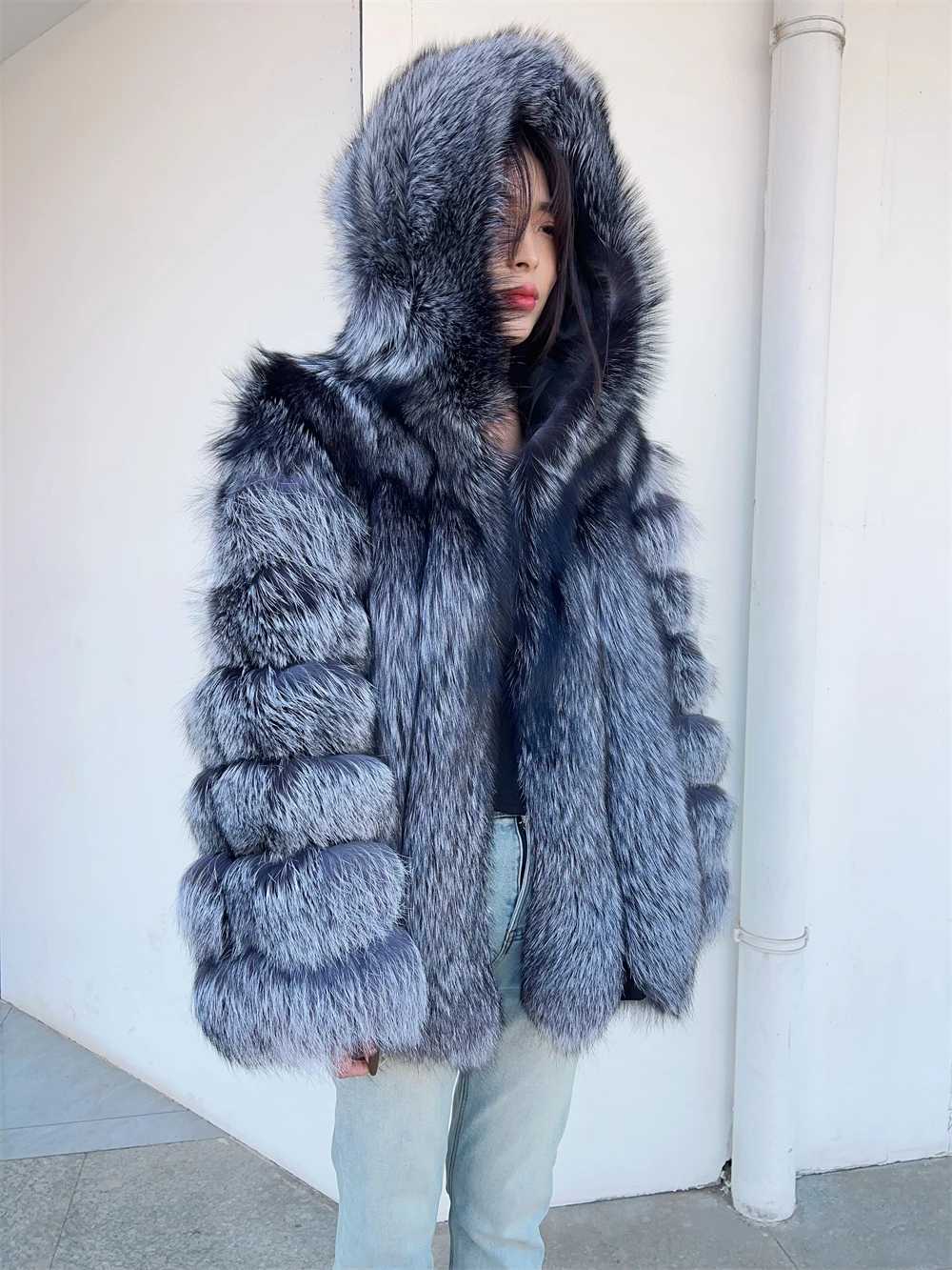 Hooded Silver Fox Fur Coat Women Full Sleeves Plus Size Female Genuine Cropped Thick Fox Fur Jacket With Hood Winter