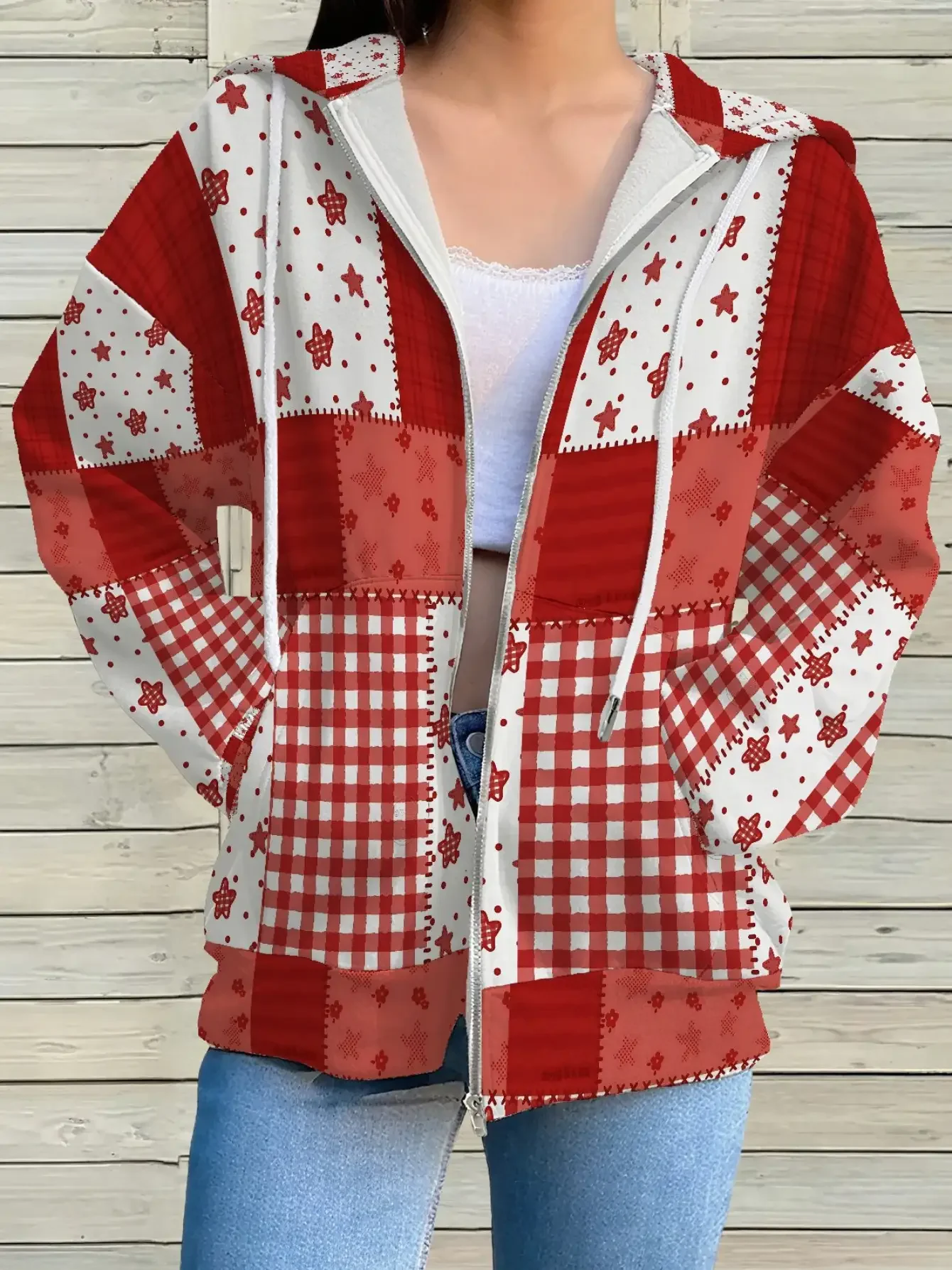 

New Women's 3D Printed Zipper Hoodie - Retro H-Line Full Zipper Hoodie with Pocket,Red and white patchwork pattern