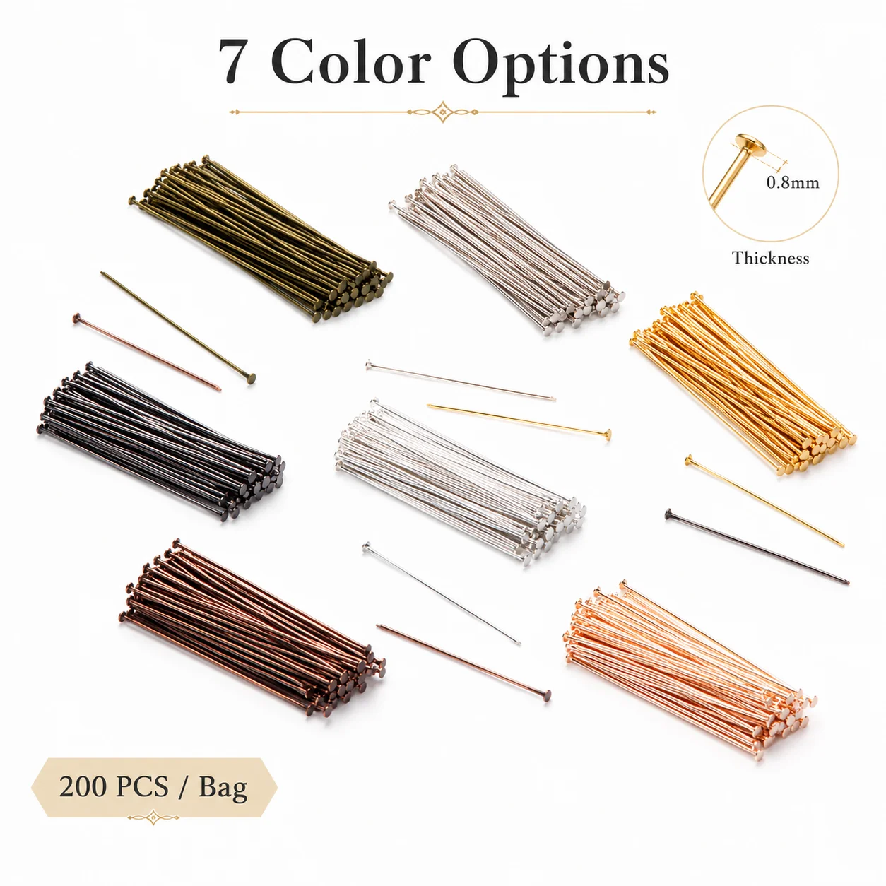 200pcs T Pins Head Pins Beading Pins, Flat Head and Ball Head Jewelry Making Supplies for Necklace Bracelet DIY