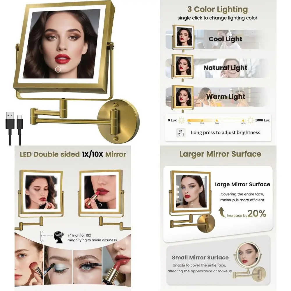 مرآة مكياج LED مزدوجة الجوانب مع بطارية 4000 مللي أمبير في الساعة، 360 درجة ° ذراع قابل للدوران، مصابيح 3 ألوان قابلة للتعتيم باللمس، تكبير 1X/10X، و #1