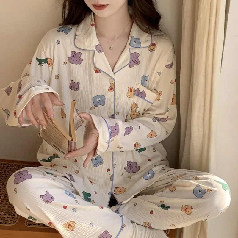 Spring and Autumn Ladies Imitation Cotton Wrinkled Lapel Cardigan Long-Sleeved Pajamas Set College Style Sweet Cute Loose Homewe