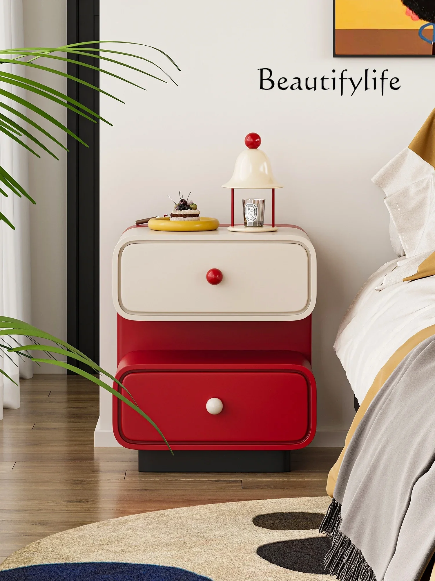 Rounded Square Sugar Bedside Modern Cream Style Small Bedroom Bedside Double-Layer Color Storage Cabinet