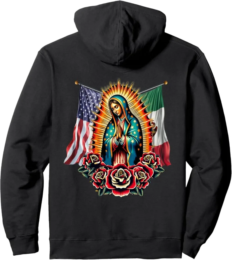 

Virgen De Guadalupe Virgin Mary Mexican American Flag Pullover Hoodie Christmas Sweatshirt Hoodie Personalized Clothing