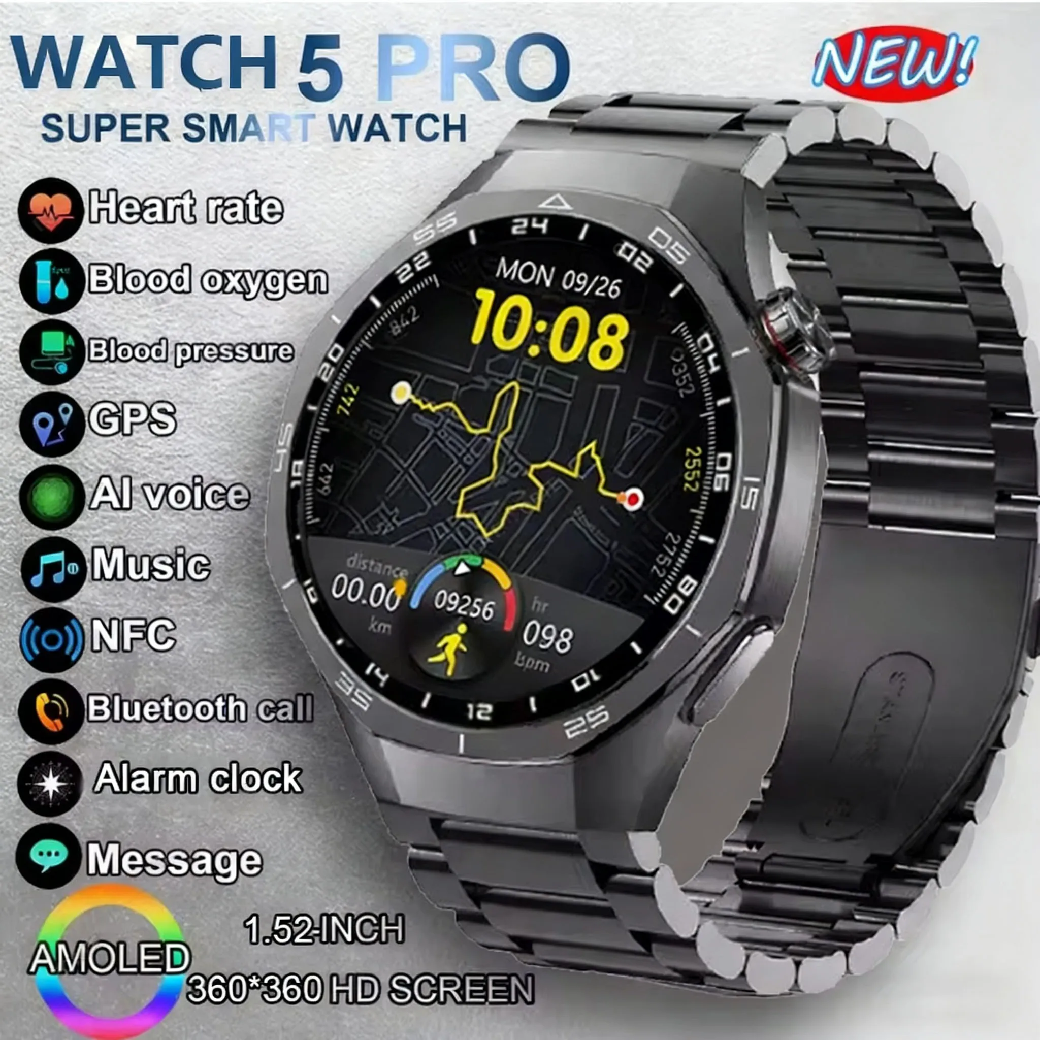 

2026 G T5 Pro GPS Tracker Smart Watch For Men Women AMOLED Screen NFC BT Call Sports Waterproof Health Monitor Smartwatches New