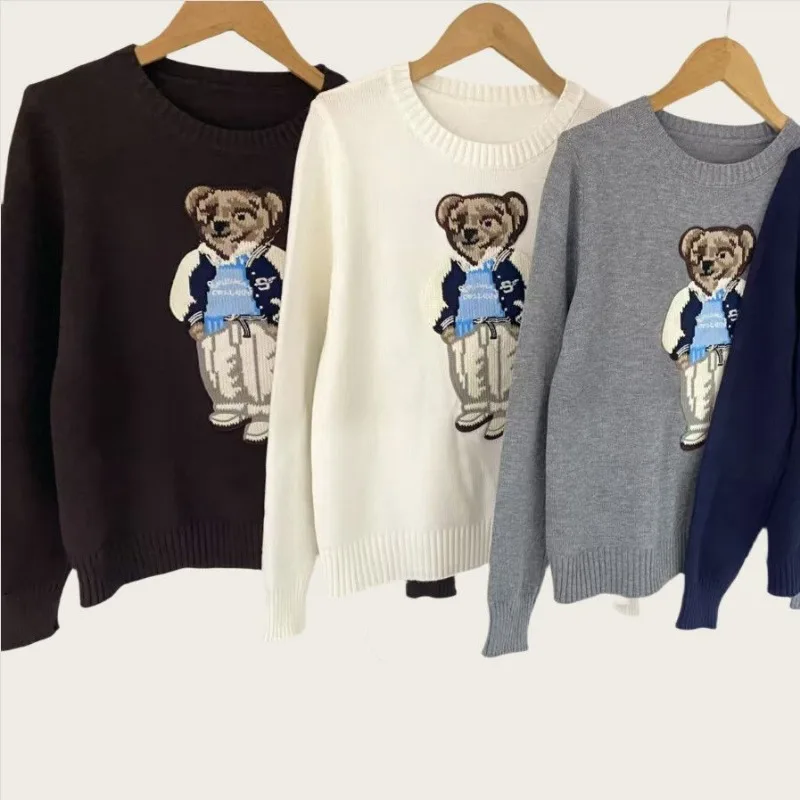 

Новый осенний свитер с вышивкой мультяшного медведя, женский вязаный пуловер с длинным рукавом и круглым вырезом, модный повседневный трикотаж в консервативном стиле