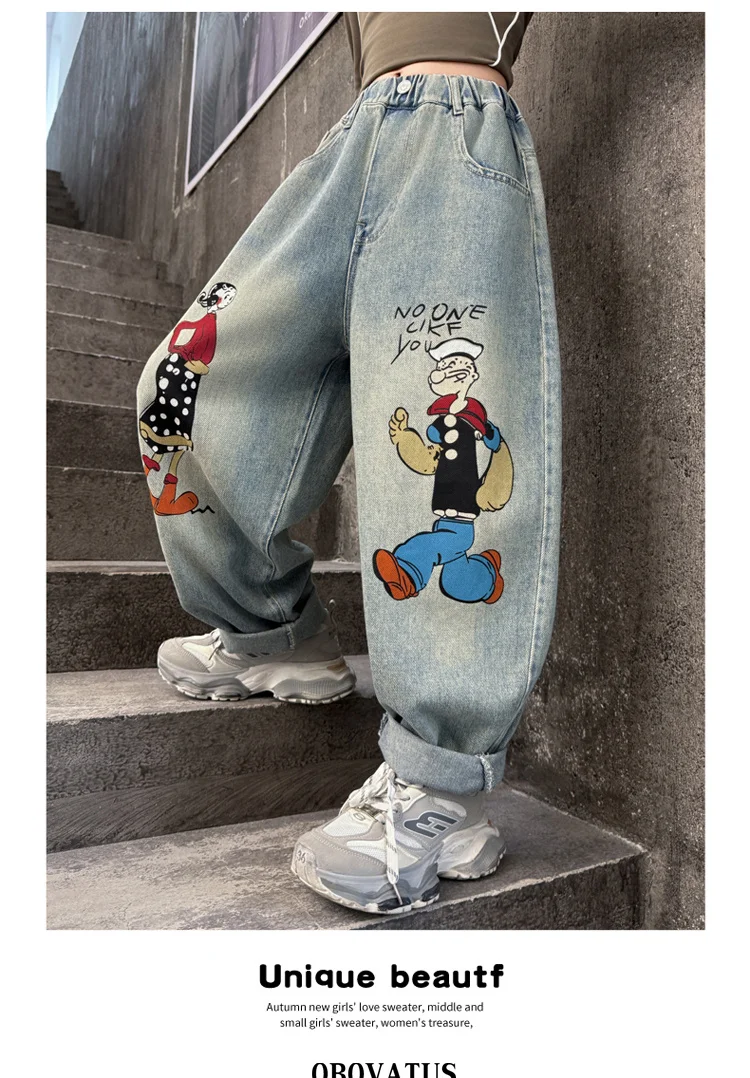 Frühlings-Kinder-Retro-Jeans in Blau mit Marken-Cartoon-Print für Mädchen, Lässige, Lose, Gerade Geschnittene Denim-Hose, Kinderhose mit Hoher Taille – Detail 6