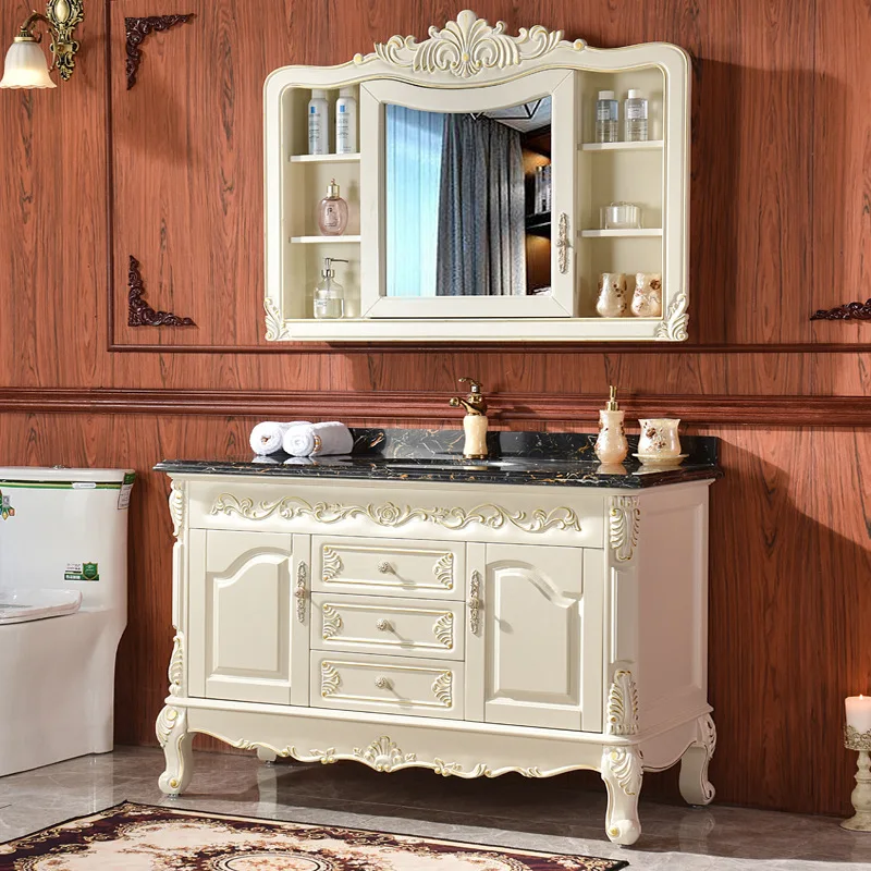 Light Luxury European -style Bathroom Cabinet Oak Solid Wood Floor -to -ceiling Washbasin Combination Marble Table Pot Bath