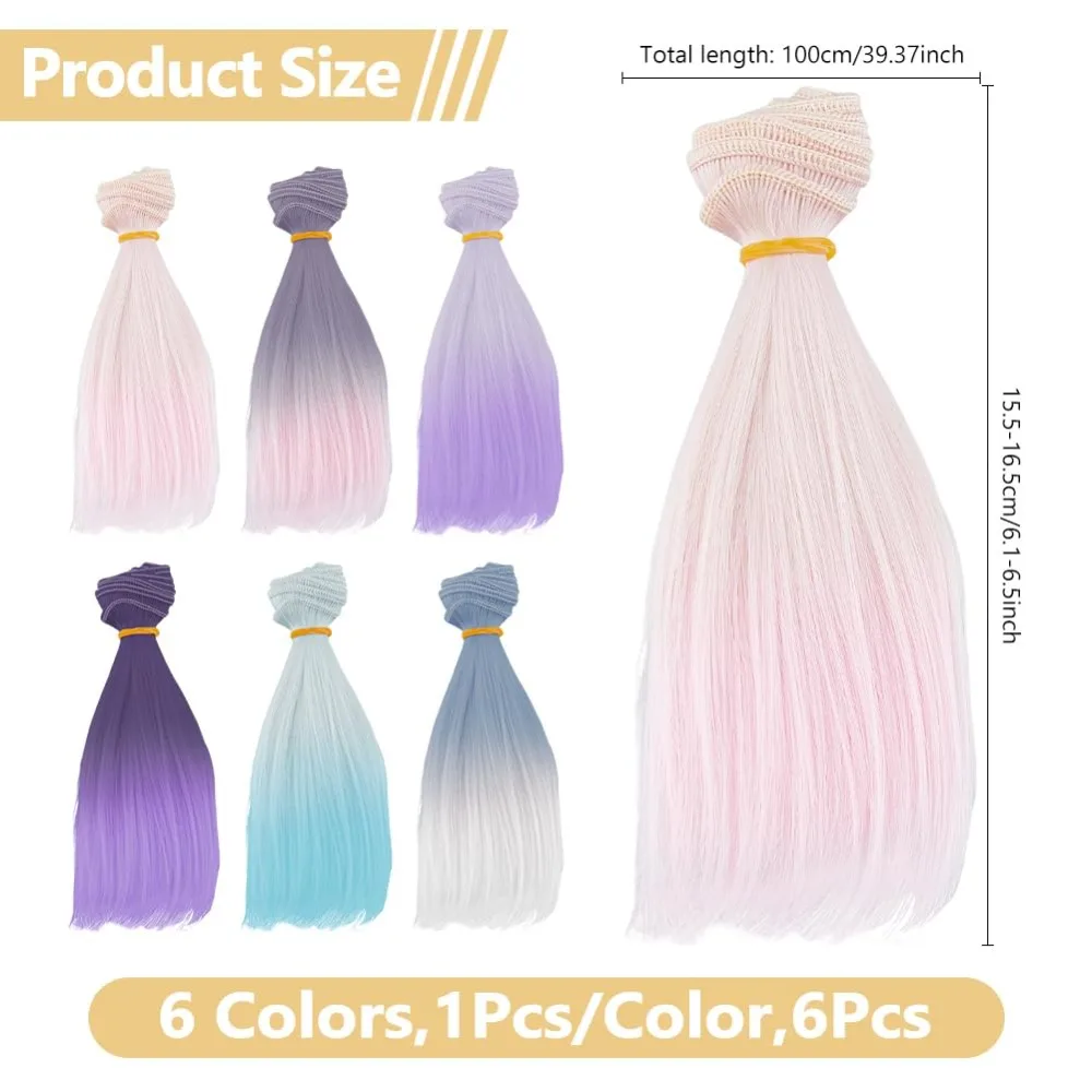 6Pcs Doll Hair Wefts 100x15.5cm Doll Wig 6 Colors Straight Synthetic Hair High Temperature Fiber Hair making kit