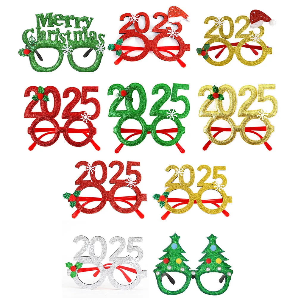 

10 Pairs Happy New Year Headband Glitter Glasses Frame 2025 Eyeglasses New Year's Eve Party Decoration Christmas Supplies