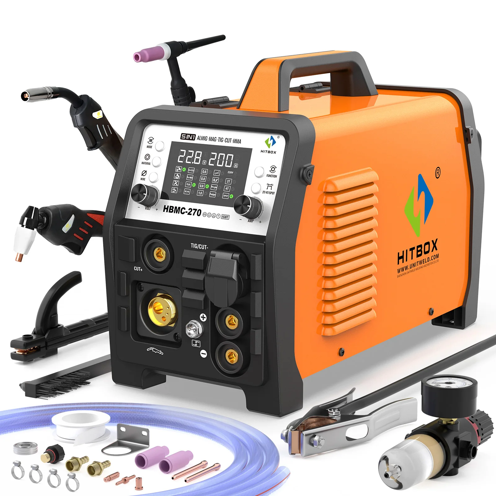 HITBOX  Aluminum Synergic MIG Welder with TIG 6in1 HF TIG/Gas MIG/Gasless MIG/Stick/CUT/SPOT Professional HBMC270 Welding Machine