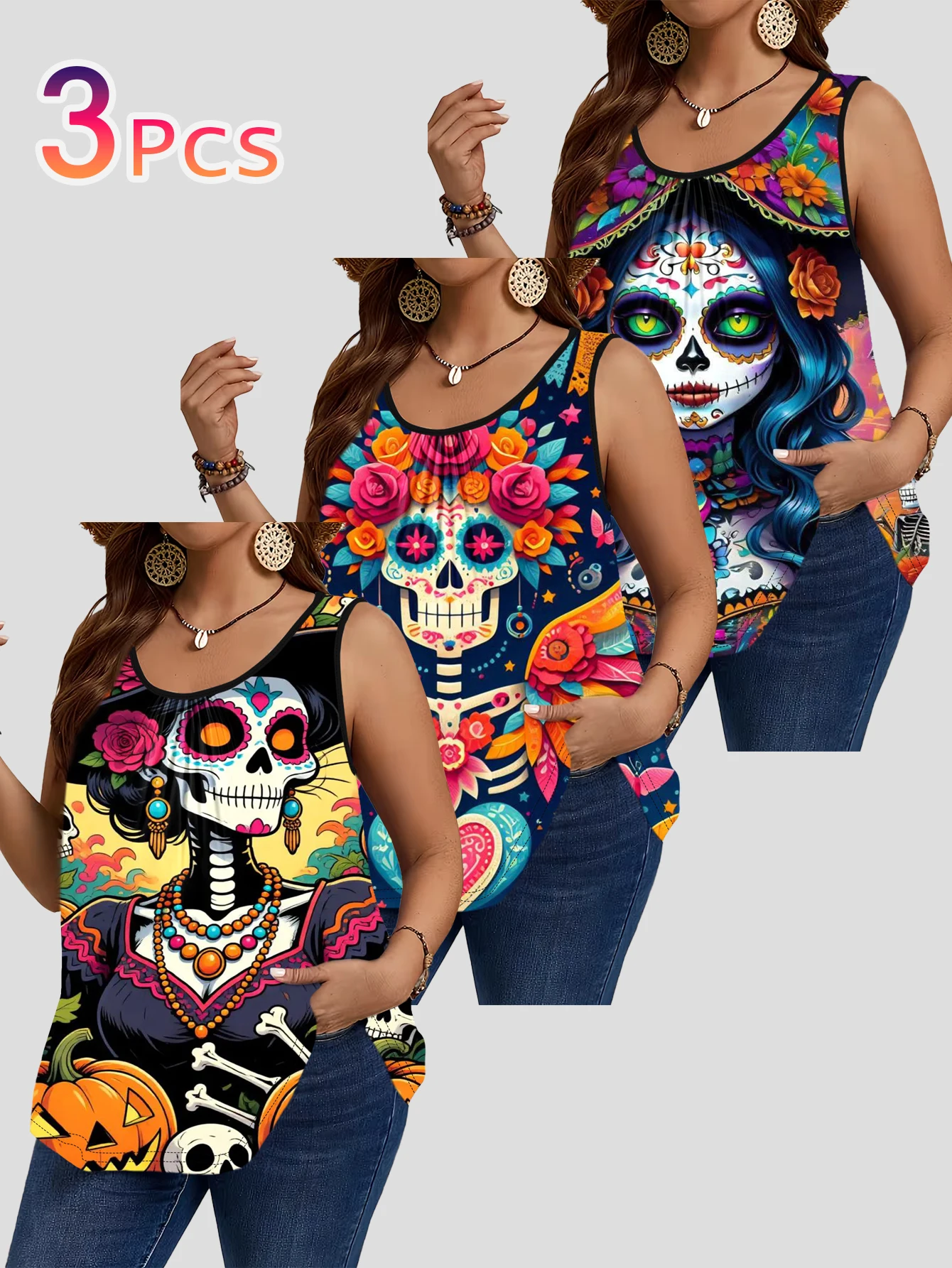 3-Piece Set of Plus-Size Sleeveless Vests with Mexican Day of the Dead Sugar Skull Beauty Floral Skeleton Print, Rich Colors, Ethnic Style, Loose Fit, and Figure-Flattering Tank Tops