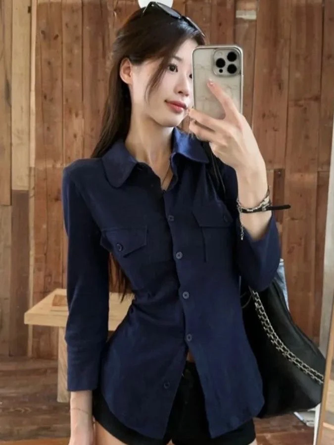 Ele Pure Desire Sexy Long Sve irt Women Early Spring Slim Waist Belted  Collar White Open Cardigan Top