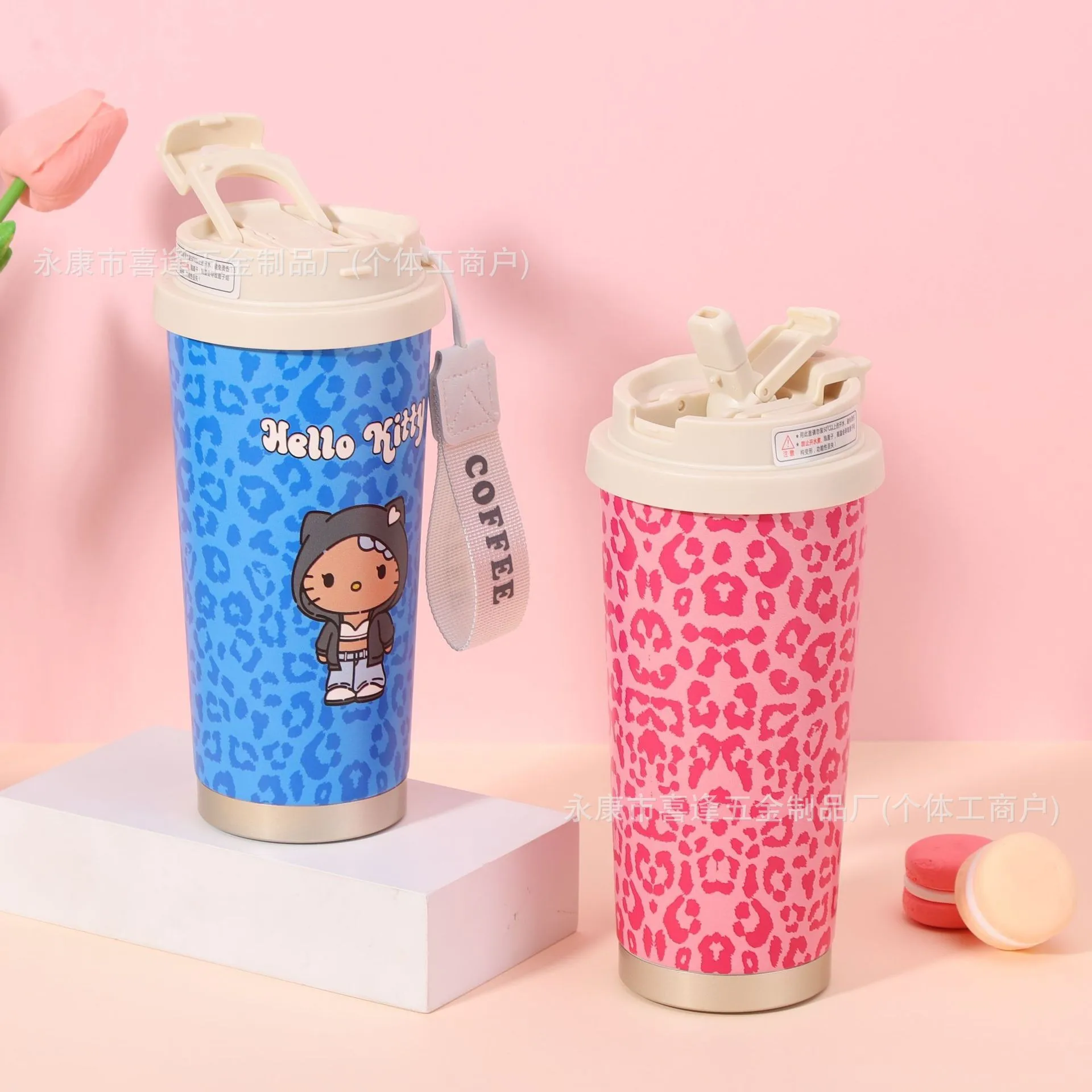 Hello Kitty Leopard Print 316 Stainless Steel Insulated Tumbler 2-in-1 Coffee Mug With Straw Car Cup For Women