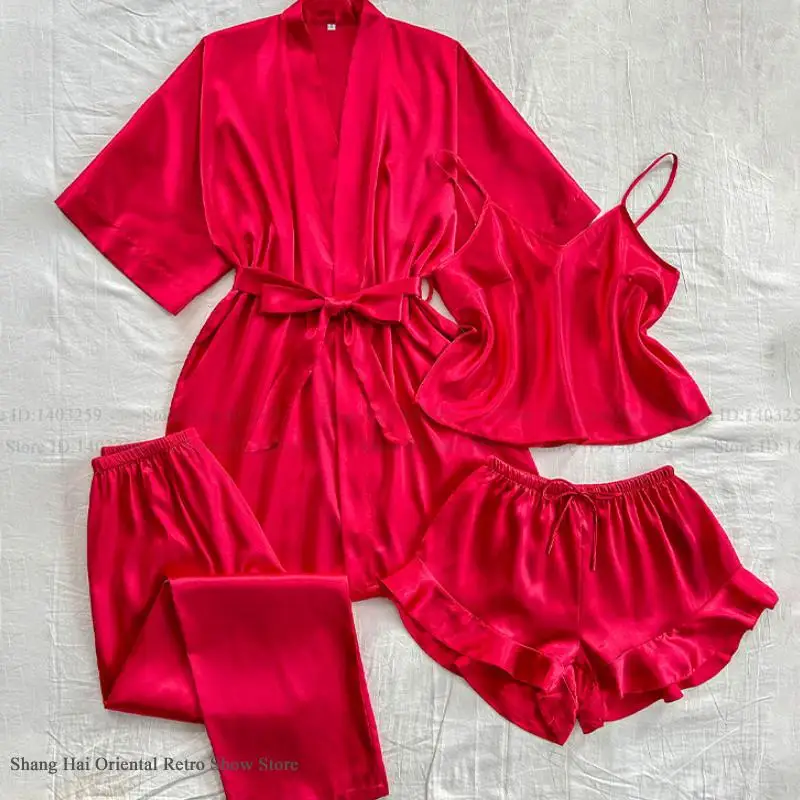 Spring Summer New Women Pajama Four Piece Suit Sleepwear Silky Satin Kimono Bathrobe Trouser Suits Loose Home Clothes Loungewear - Image 5