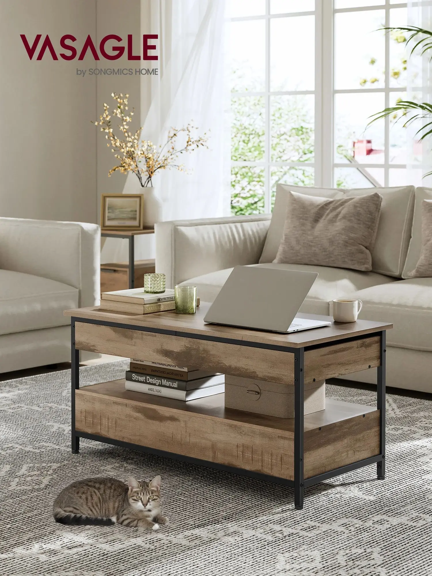 VASAGLE salontafel, in hoogte verstelbare woonkamertafel, salontafel, met lades, open vak, 50x100 x (48-63)cm - afbeelding 2