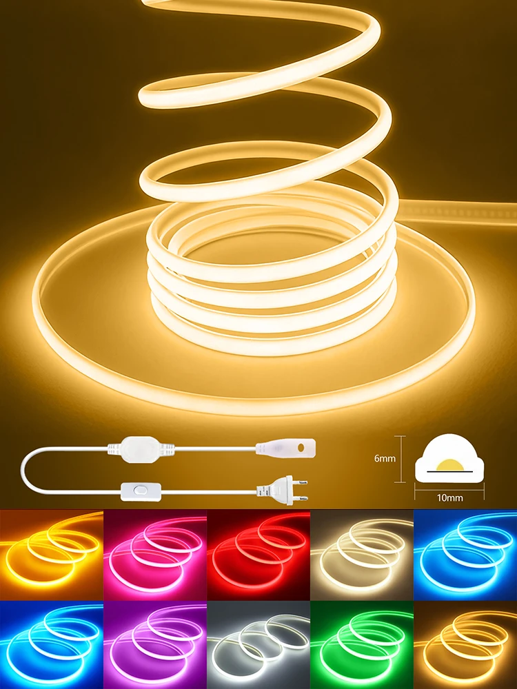 Bande LED COB AC 220V, ruban Flexible avec interrupteur, corde étanche IP67, densité 288 diodes/M, éclairage linéaire, décoration de la maison