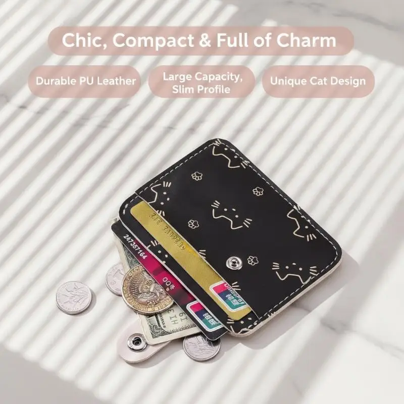 Cute Cat Print Card Holder Wallet For Women Girls Fashion PU Leather Money Bags Mini Slim Coin Purse Portable Daily Gift