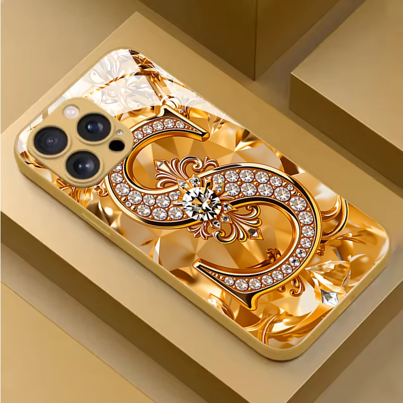 Gilded Diamond S Letter Tempered Glass Phone Case For Samsung Galaxy S26 Ultra S25 S24 S23 Plus S25 FE Lens Protection Cover