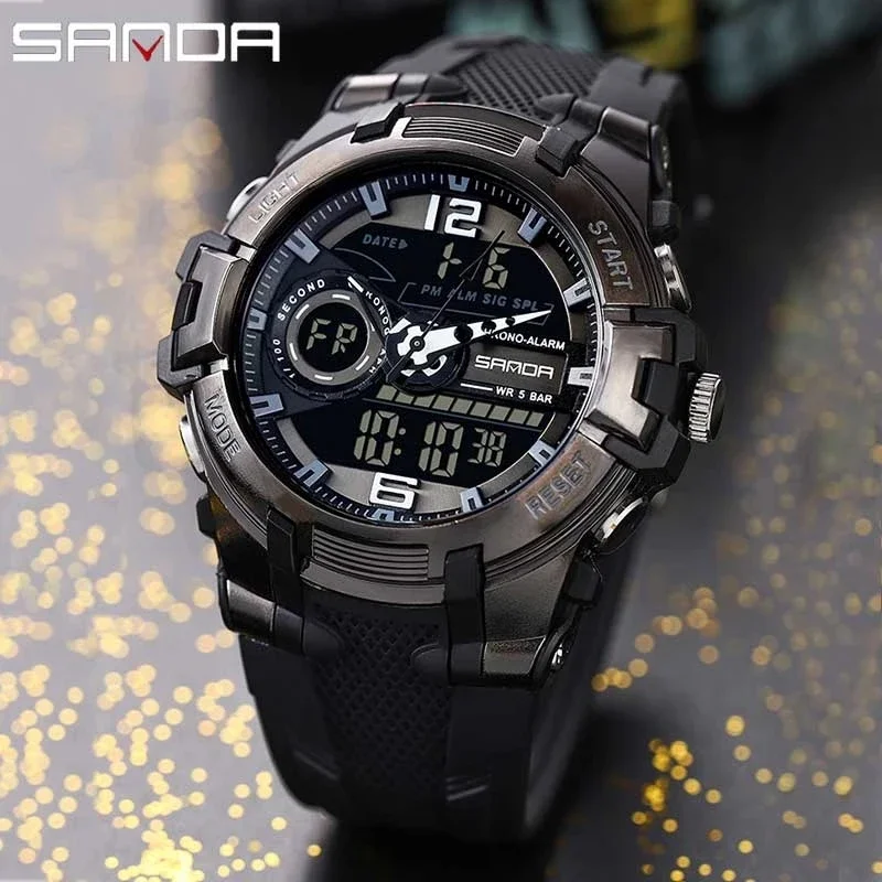 Sanda 6015 Fashion Sports Hand Clock For Teenagers Multiple Functions Waterproof Luminous Analog Digital Men’s Watch