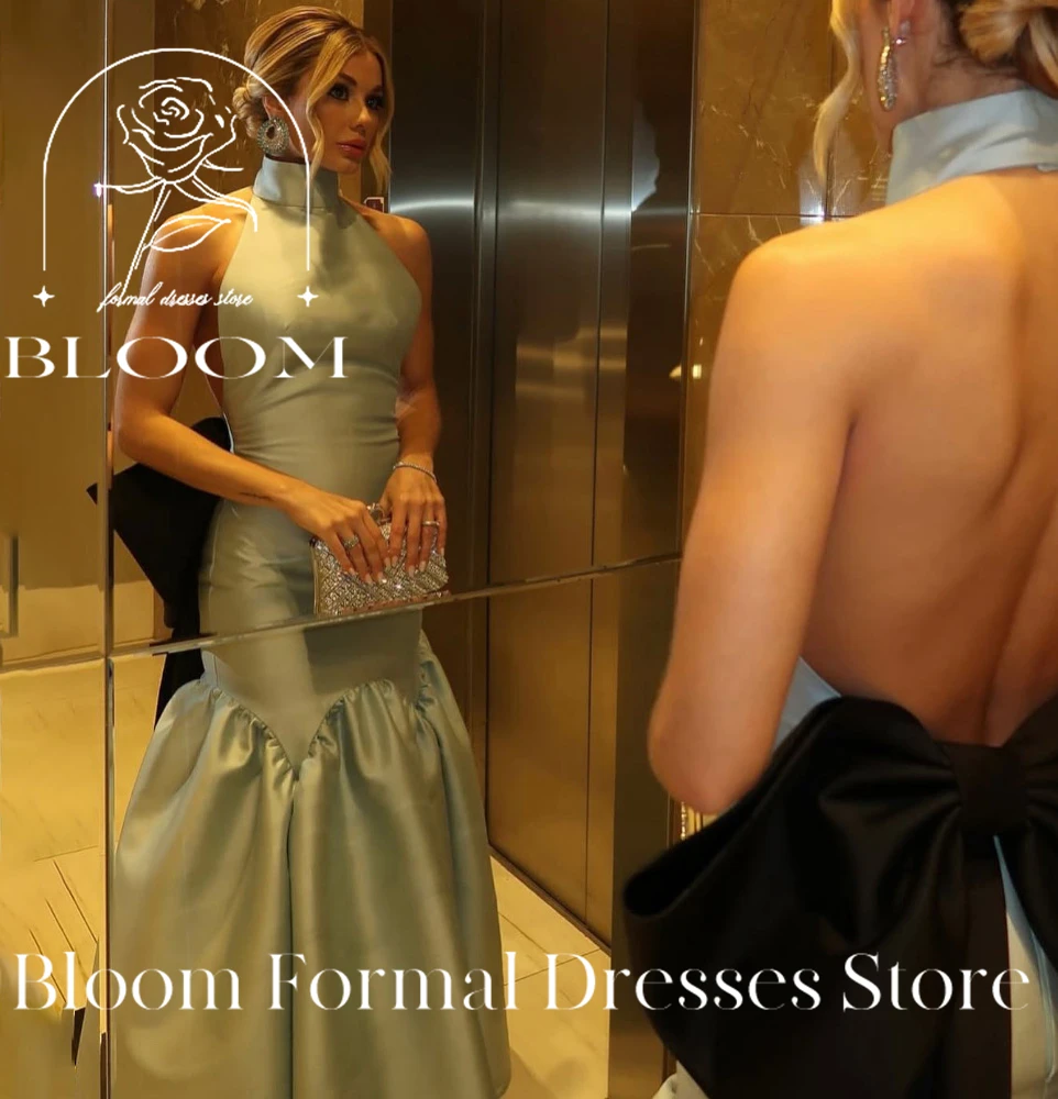 

Bloom Customized HighNeck Halter OpenBack BlackBow Train Satin Mermaid RuffledHem FormalEveningGala Prom Event Elegant Glamorous