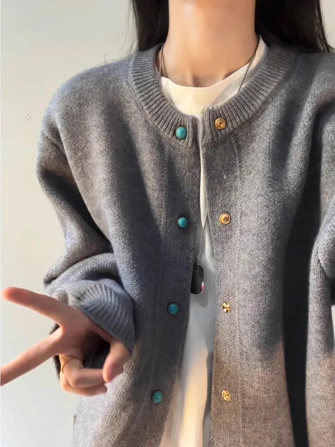 

ay Turquoise Button Cardigan Coat ex Lazy Knitted Top Early Autumn No Collar irt Loose Fit Long Sve Daily Wear