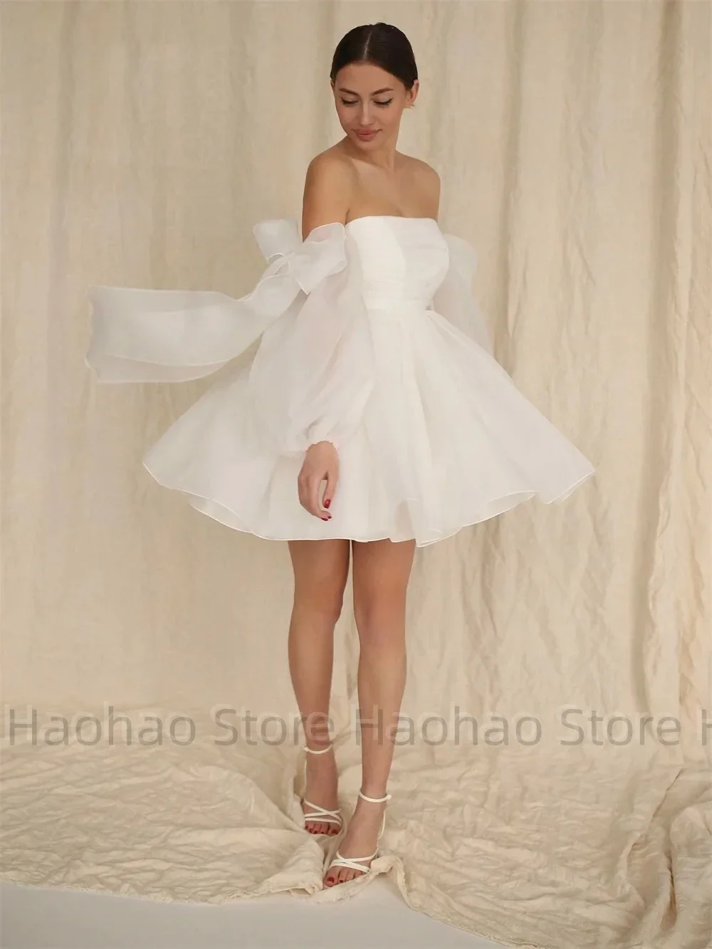 

Sexy Short A-Line Wedding Dresses Strapless Neck Bride Robes Backless Bridal Dress Off The Shoulder Bow Vestidos De Novia