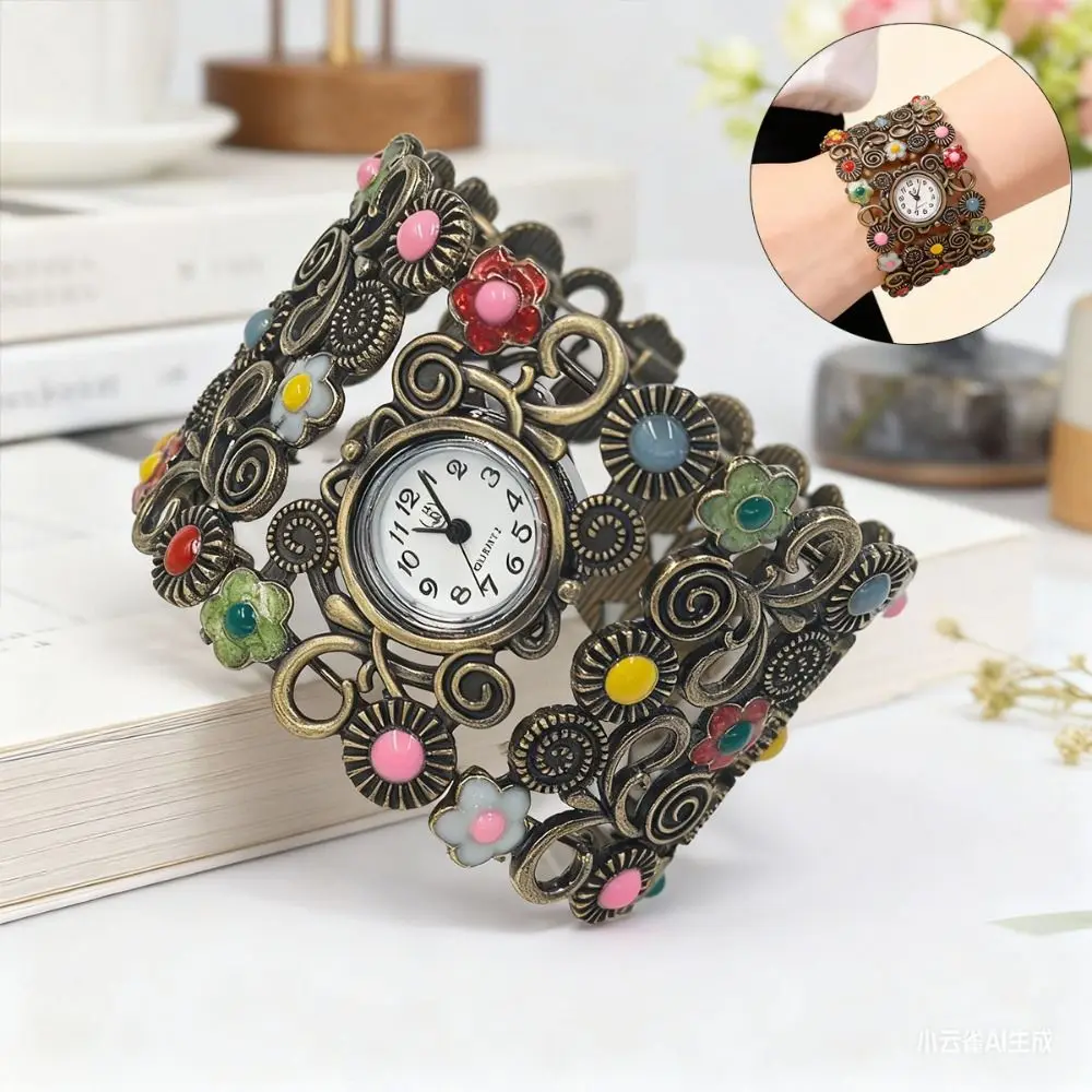 

Retro Alloy Women Vintage Watch Carved Design Flower Pattern Carved Flowers Watch Cuff Bangle Bracelet Watch Fashion Accessories