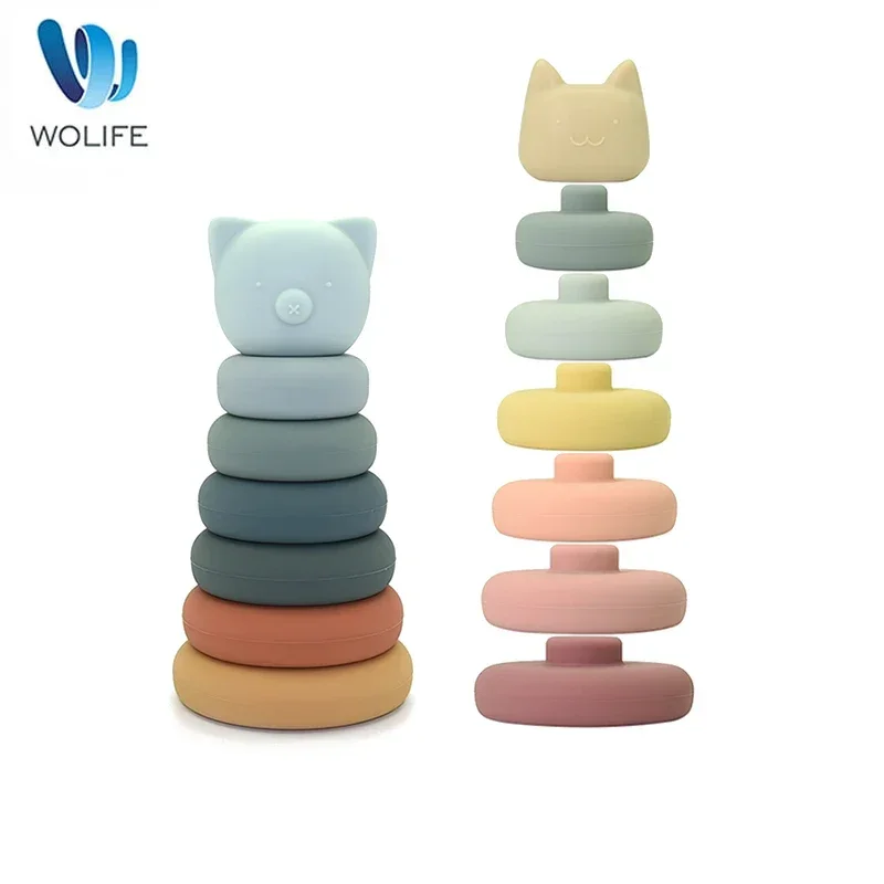 1Set Baby Silicone Stacking Blocks BPA-Free Kids Montessori Educational Toys Baby Silicone Cartoon Silicone Construction Toy