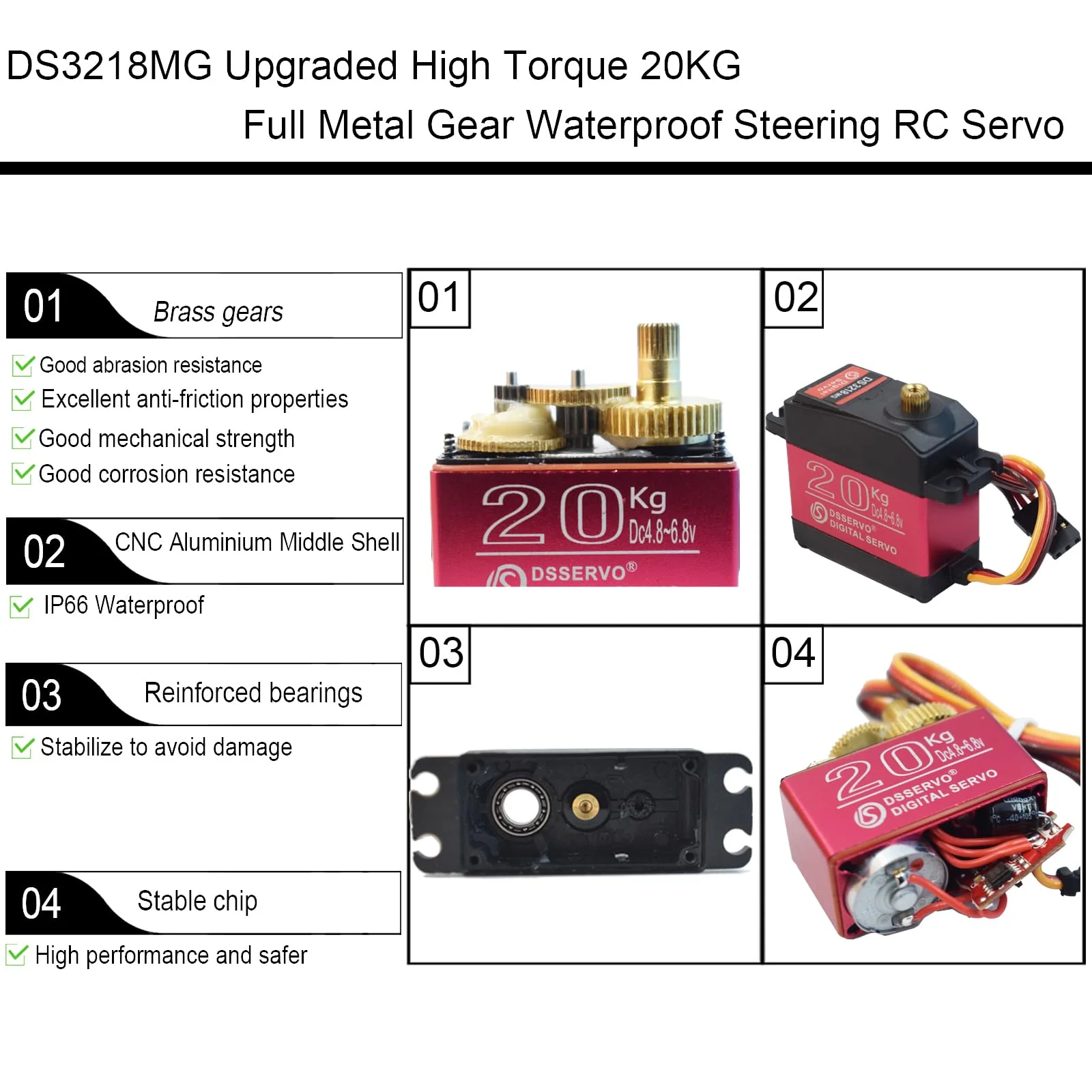 Dsservo DS3218 20KG Digital Servo High Torque Full Metal Gear High Speed Waterproof RC Servo for 1/8 1/10 Scale Crawler RC Car