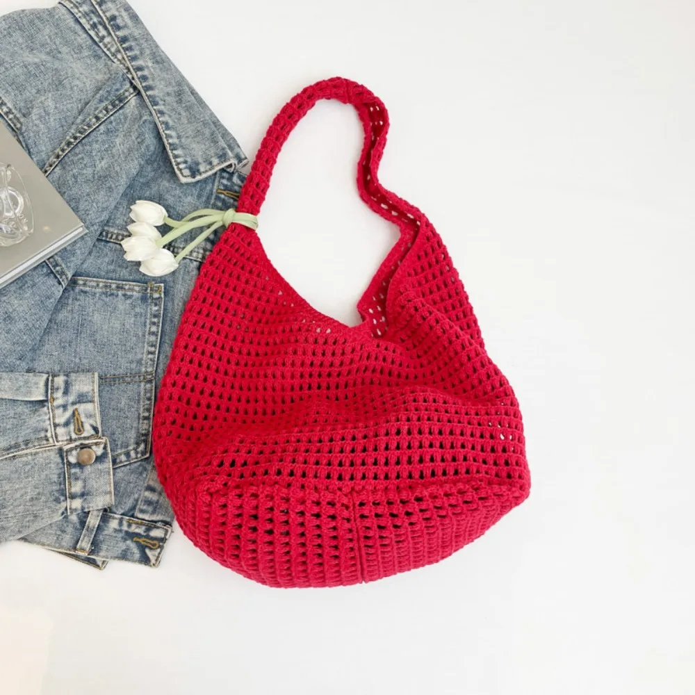 

Trendy Sweet Crochet Shoulder Bag with Tulip Pendant Vacation Beach Hollow Handbag Leisure Casual Woven Totes Bag Ladies/Girls